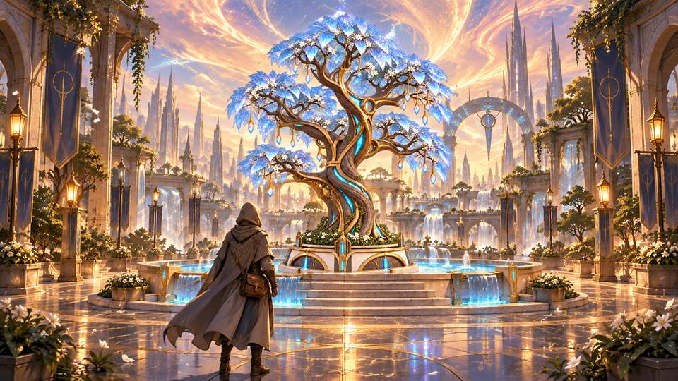 Key art of a hooded traveller facing a glowing crystal tree in a fountain courtyard, with spired towers behind.