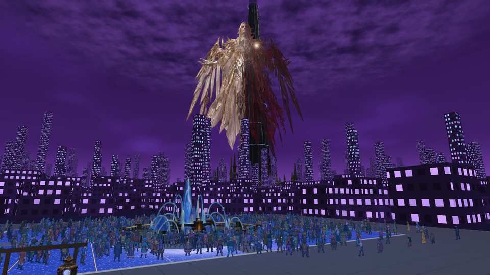 A large crowd of small figures fills a plaza around a fountain at night, under a purple sky with a tall dark tower behind a winged, half-gold and half-crimson figure.