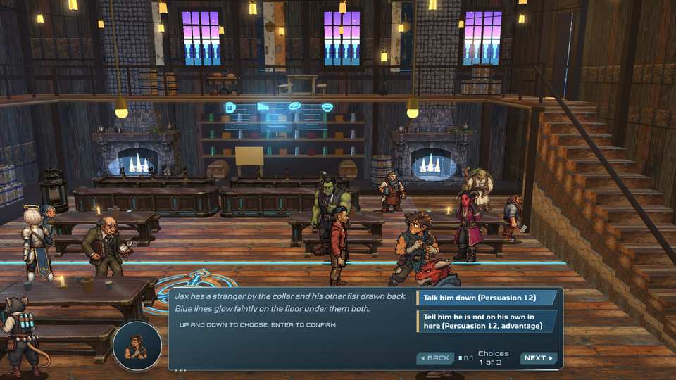A crowded tavern with a dialogue box at the bottom listing two choices, each marked with a skill check and a difficulty number.