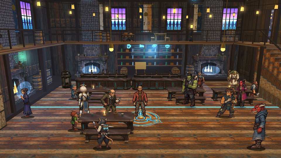 A busy timber tavern with stone fireplaces and a glowing menu board; pixel-art patrons of several kinds stand and sit at long tables.