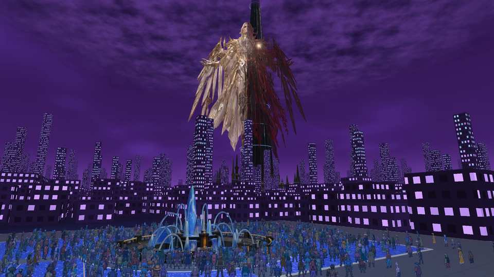 A vast winged figure, ivory and gold on one side and black and crimson on the other, hangs in a purple sky above a skyline and a crowded plaza.