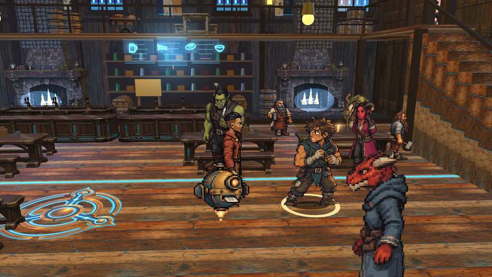 A small brass floating drone hovers on the tavern floor next to pixel-art patrons, including a red dragonborn in a blue robe.