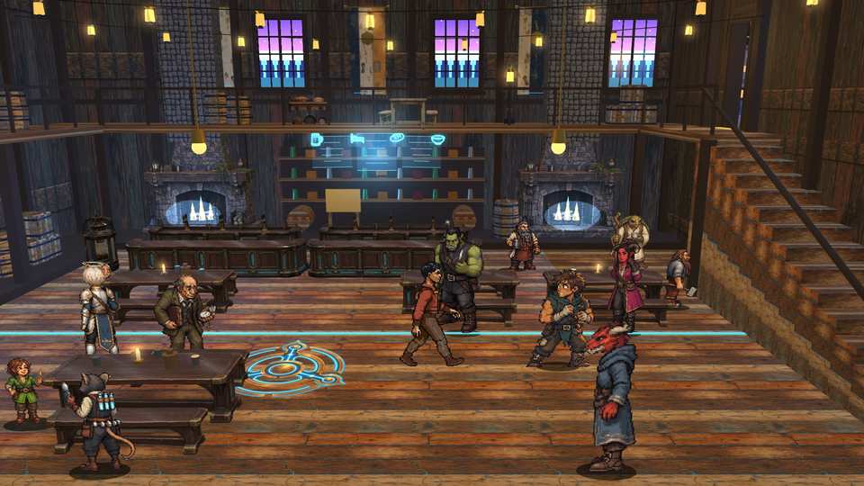 A pixel-art character in a red jacket walks mid-stride across the floor of a busy timber tavern, past a green orc, a red dragonborn in a blue robe and other patrons, with stone fireplaces and a glowing menu board behind.