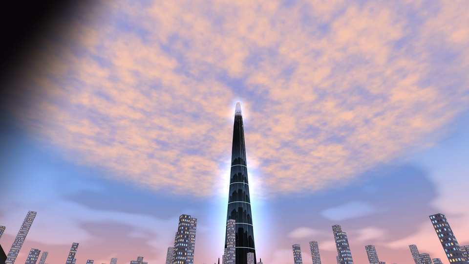 A tall dark tower with glowing bands rises into a wide sky of pink and blue clouds, seen from below.