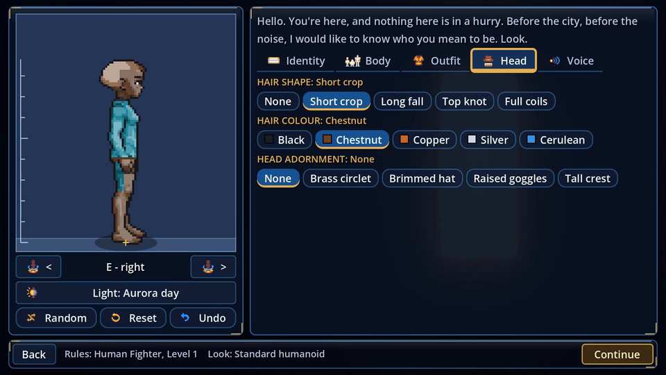 The appearance creator in the prototype, showing a character preview and choices for hair shape, hair colour and head adornment.