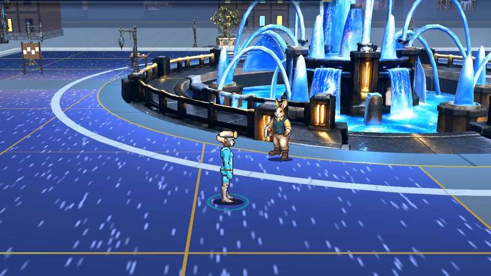The plaza beside the First Light Fountain in the prototype: blue paving, a tiered fountain with arcs of water, and the player's character beside a rabbit-like resident.