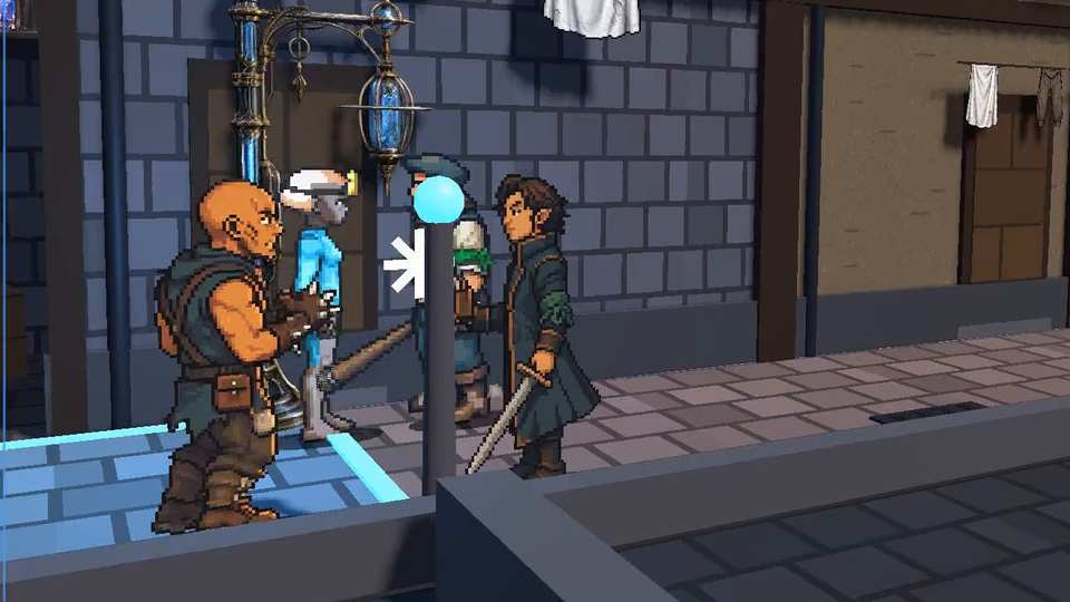 Characters facing one another on a narrow street beside a blue lamp post during a turn-based fight in the prototype.