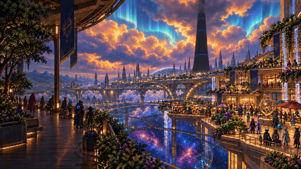 Key art of the Nexus: a dark Tower rising into aurora-lit clouds above bridges, terraces and crowds of residents.